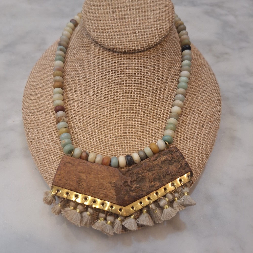 Boho Statement Necklace Natural Stone Beads Wood Bark Tassel Piece Boho‎ Tribal